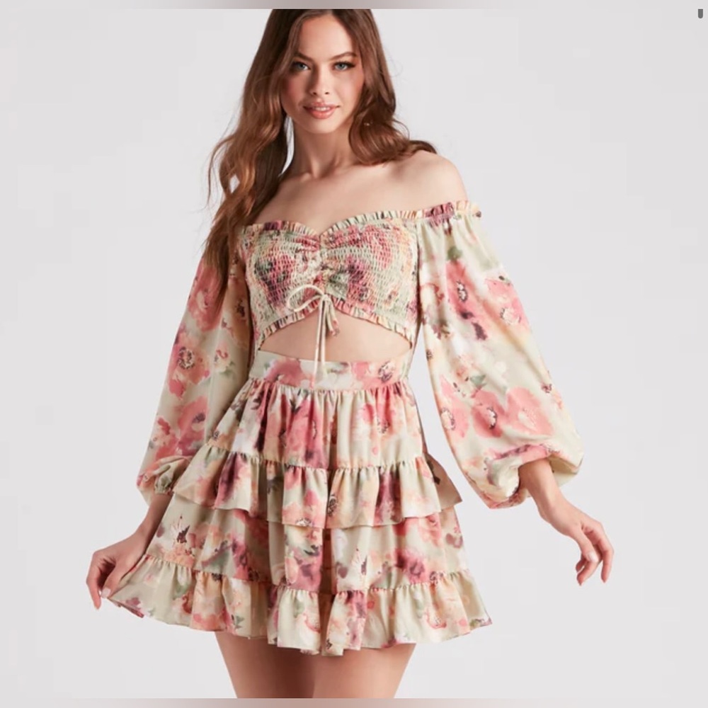 Golden hour floral ruffled skater dress windsor NWT